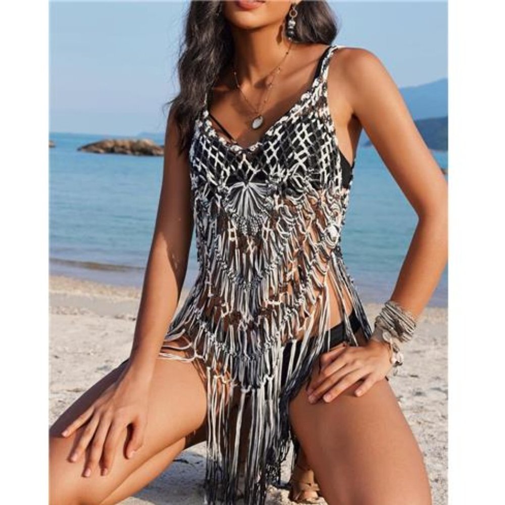 Black & White Knit Crochet‎ Fringe Tassel Bikini Swimsuit Coverup Crop Tank Top